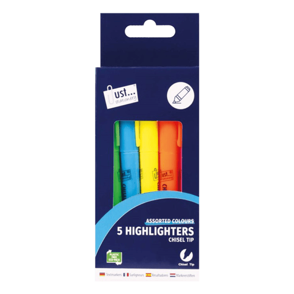 Just Stationery 5 Pack of Highlighters Assorted Bright Colours from Harrisons Direct