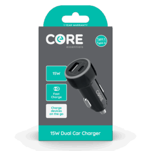 Wholesale Core Essentials USB-C + USB Car Charger 3.1A from Harrisons Direct
