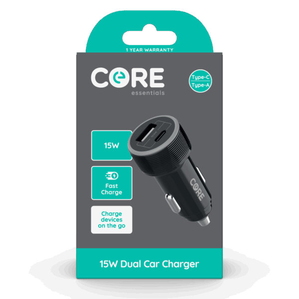 Wholesale Core Essentials USB-C + USB Car Charger 3.1A from Harrisons Direct