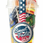 A Sweet Taste of the USA plastic container containing a variety of American pick 'n' mix sweets