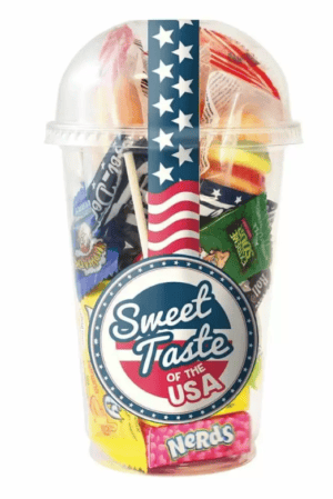 A Sweet Taste of the USA plastic container containing a variety of American pick 'n' mix sweets