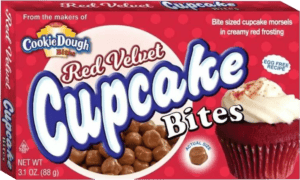 A box of Cookie Dough Bites Red Velvet Cupcake Bites from Harrisons Direct