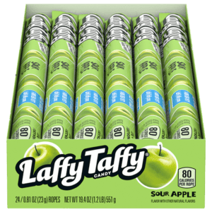 A Laffy Taffy box containing individual Laffy Taffy Sour Apple Ropes from Harrisons Direct