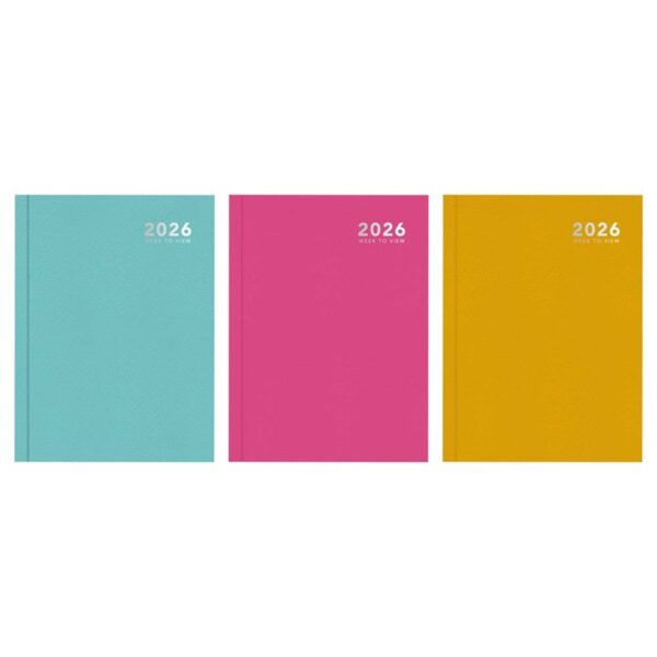 Wholesale 2026 Diary A5 Week To View Bright Casebound Green, Pink & Yellow from Harrisons Direct