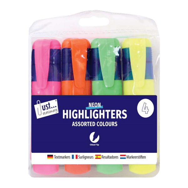 Just Stationery Chunky Highlighters Assorted Neon Colours 4 Pack from Harrisons Direct