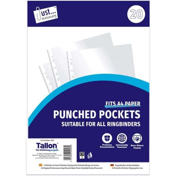 Just Stationery Clear Plastic Punched Pockets 20's from Harrisons Direct