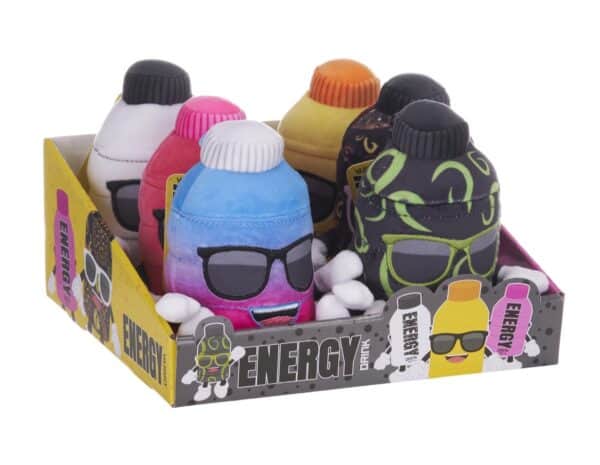 Energy drink plush bag clips in CDU from Harrisons Direct