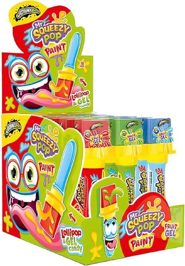 Johny Bee Mr Squeezy Pop Paint Lollipop & Gel Candy 32g in CDU from Harrisons Direct