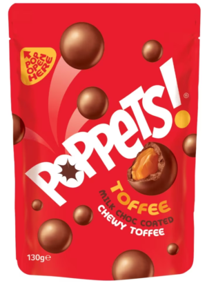 Poppets! Milk Chocolate Coated Chewy Toffee Bag 130g from Harrisons Direct