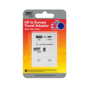 Safe & Sound Travel UK to EU Adaptor with USB Type C from Harrisons Direct