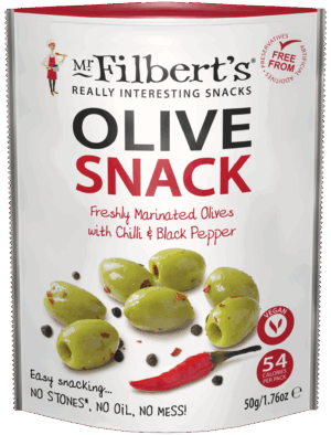 Wholesale Mr Filbert's Green Olives with Chilli & Black Pepper 50g from Harrisons Direct