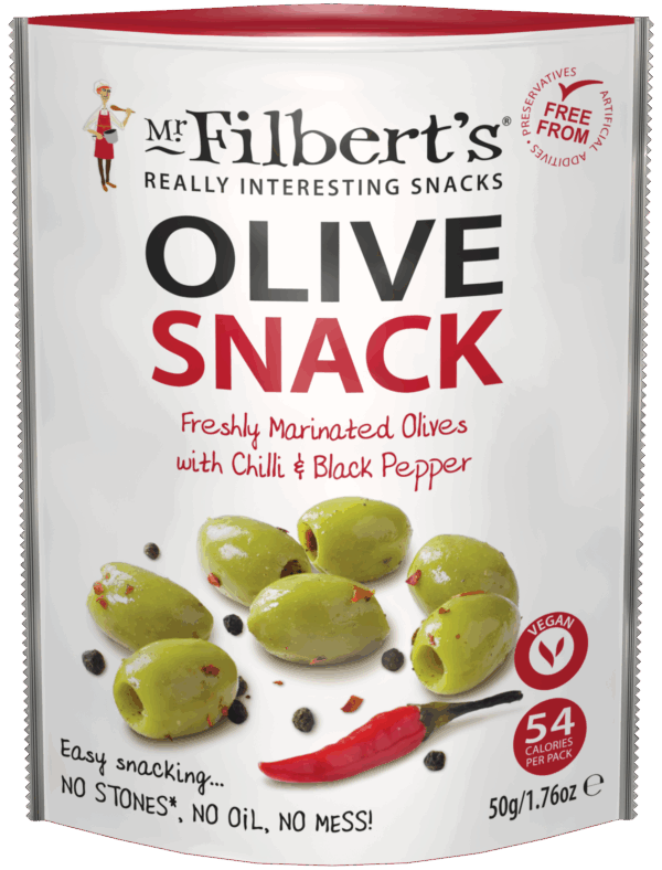 Wholesale Mr Filbert's Green Olives with Chilli & Black Pepper 50g from Harrisons Direct