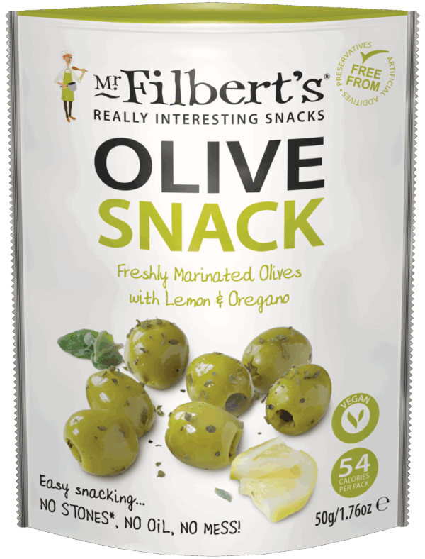 Wholesale Mr Filbert's Green Olives with Lemon & Oregano 50g from Harrisons Direct