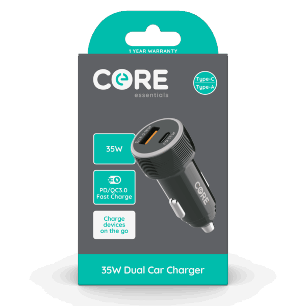 Wholesale CORE Dual Car Charger A+C 35W PD QC 3.0 Fast Charge from Harrisons Direct